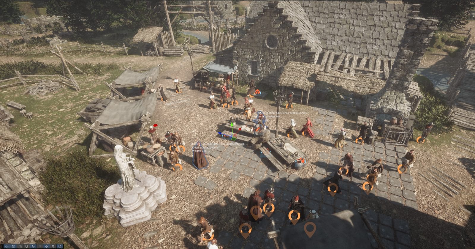 A medieval village populated with agents, each showing its current action and weighting in a debug overlay