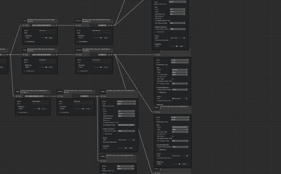 The behaviour tree editor showing a work routine built from connected nodes