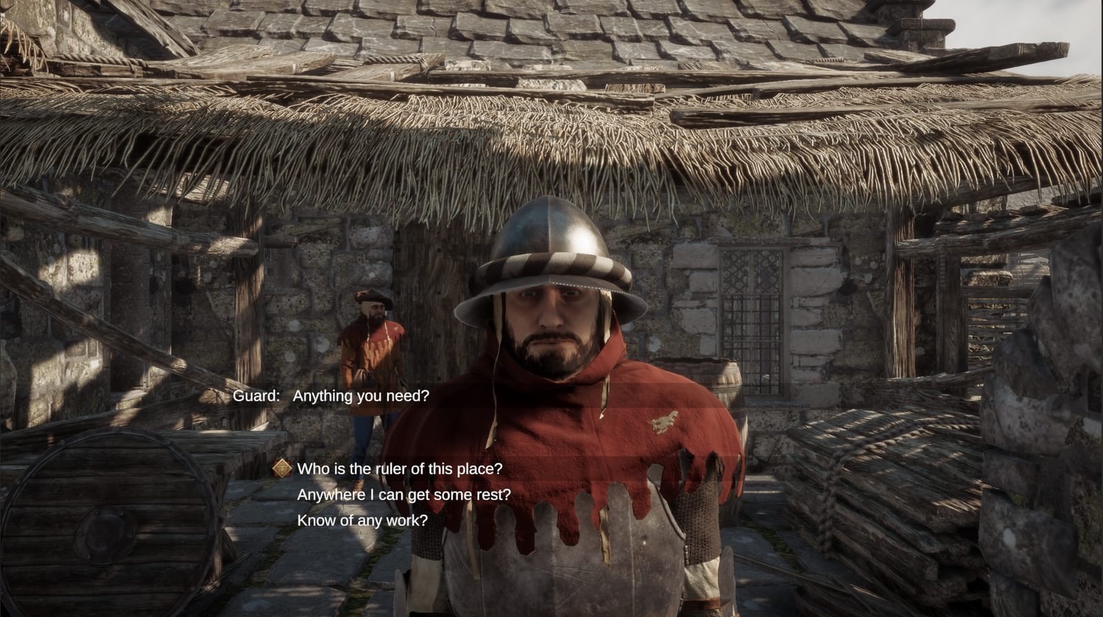A guard talking to the player, with the spoken line and three response options shown on screen